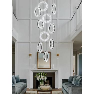 Imagem de Lustre moderno em espiral com design de escada, luminária pendente LED dimerizável de grandes dimensões, com cristais redondos, ideal para hall de entrada, quarto, sala de estar, banheiro e