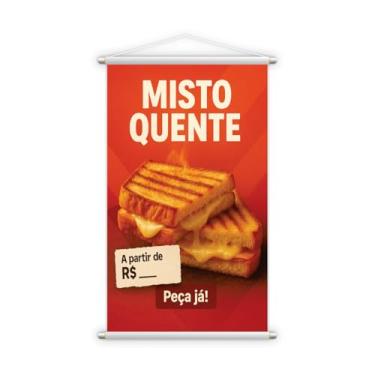 Imagem de Banner Misto Quente, Display Suspenso em Lona Vermelha, Design Gastronômico para Restaurantes e Lanchonetes