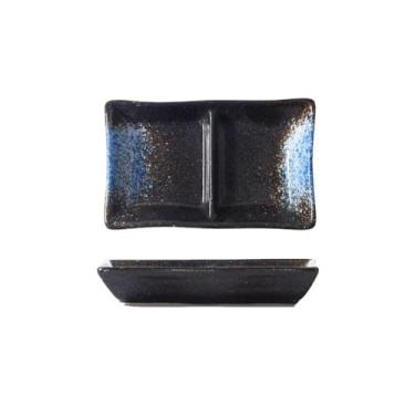 Imagem de prato de lanche Prato de cerâmica com grade dupla para molho soja, tempero para churrasco, prato para dividir pratos sushi tigela de sopa(Black blue)