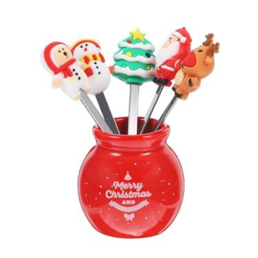 Imagem de 5 garfos de frutas de Natal com suporte de pote de cerâmica, mini garfo de salada de aço inoxidável, desenho de Papai Noel, árvore de Natal, palitos de frutas, bolo, sobremesa, palitos de comida