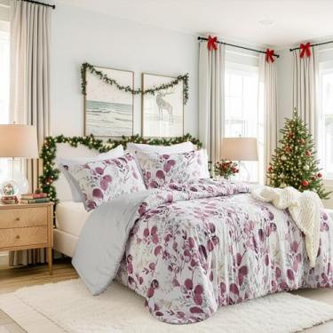 Imagem de Regency Heights Conjunto de edredom botânico leve, tamanho queen, design reversível com estampa listrada, conjunto de cama de microfibra premium, edredom e fronha, ameixa/cinza