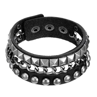 Imagem de IANFAN Pulseira punk, 1 peça de pulseira de couro cravejado para mulheres 21 cm x 3 cm punho ajustável de pressão, pulseira punk rock emo para homens e mulheres, preto prata