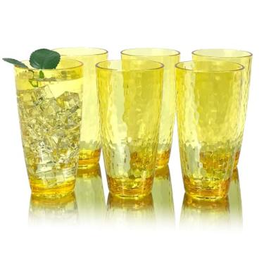 Imagem de yongzhenlite Conjunto de 6 copos grandes de acrílico de 740 ml, copos de plástico/copos de água potável para festa em casa, estilo martelado, livre de BPA, lavável na lava-louças (amarelo)