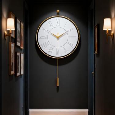 Imagem de QWANPET Relógio decorativo de parede, silencioso, sem tique-taque, movimento de quartzo operado por bateria com pêndulo, relógios de parede grandes para sala de estar, cozinha, casa, banheiro, quarto