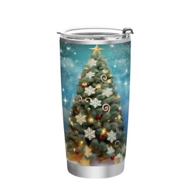 Imagem de Wassud Copo de árvore de Natal com tampa e canudo de aço inoxidável parede dupla copo isolado copo de viagem caneca de café para bebidas frias e quentes 350 ml