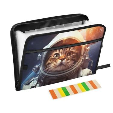 Imagem de Wassud Astronaut Cat Organizador de arquivos sanfonado com 13 bolsos com abas e adesivos, organizador de pastas de documentos de recibo de papel tamanho carta A4 para viagens de escritório