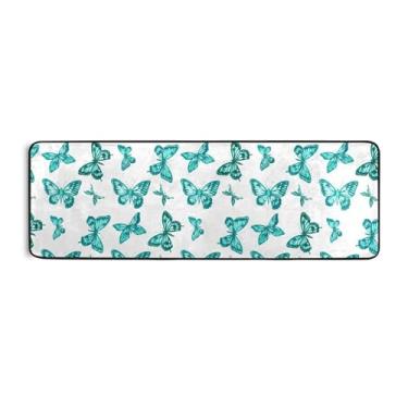 Imagem de Burbuja Tapete de corredor borboleta azul-petróleo 61 x 183 cm, tapete lavável antiderrapante com suporte de borracha, tapete para sala de estar, corredor, decoração de casa