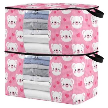 Imagem de Burbuja Pacote com 2 organizadores de bolsa de armazenamento com alças para roupas, cobertores, roupa de cama, bolsa de armazenamento dobrável com rosto de urso branco com zíper e janela transparente