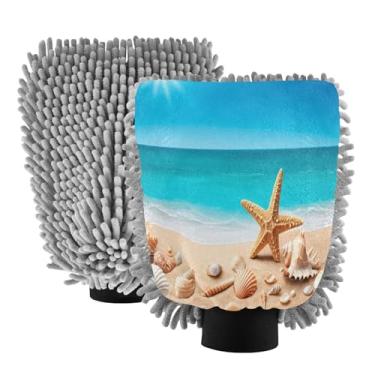 Imagem de STAYTOP Luvas de lavagem de carro estrela-do-mar e conchas de praia, 2 peças, luvas de microfibra de chenille, sem arranhões, panos de esponja de lavagem ultra absorventes para carros, limpeza