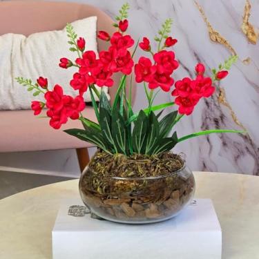 Imagem de Arranjo de Flores Artificiais com Orquídeas em Vaso de Vidro – Decoração para Sala, Mesa, Lavabo e Escritório(Vermelho)