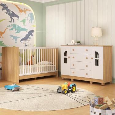 Imagem de Berço 3 em 1 para Colchão 130x60cm com Cômoda 2 Portas 4 Gavetas Nina Multimóveis Mp4764 Madeirado/branco