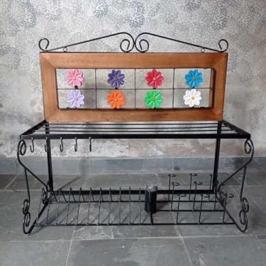 Imagem de Paneleiro Grande Parede Cozinha Ferro Durável Escorredor Pratos Multifuncional Decorativo Economiza Espaço para Donas de Casa em Cozinhas Pequenas(FLORES)