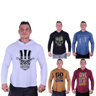 Imagem de Kit 5 Camisetas Manga Longa com Touca Longline Estampada Treino Academia Lazer Casual-Masculino