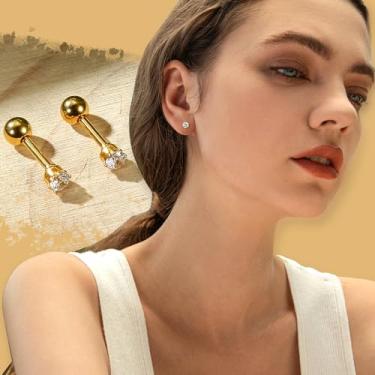 Imagem de Brincos femininos banhados a ouro 18 quilates com costas planas de aço inoxidável brincos de zircônia cúbica redondos delicados brincos de cartilagem de hélice tragus 20G 3 mm