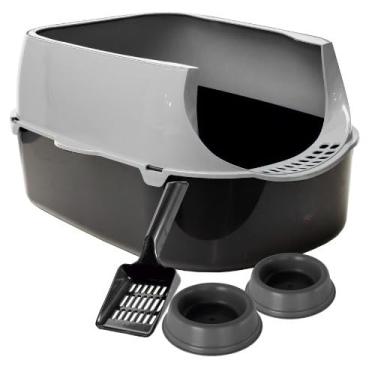 Imagem de Caixa de Areia para Gatos Grandes Sandbox Pet com Pá, Comedouro e Bebedouro – Banheiro Sanitário Resistente e Espaçoso(Cinza)