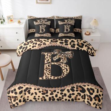 Imagem de Conjunto de cama casal com laço de chita africana, tamanho casal, para mulheres, meninas e adultos - Cama em uma bolsa, com letra B, laço coquete, estampa de leopardo, com lençol moderno e moderno