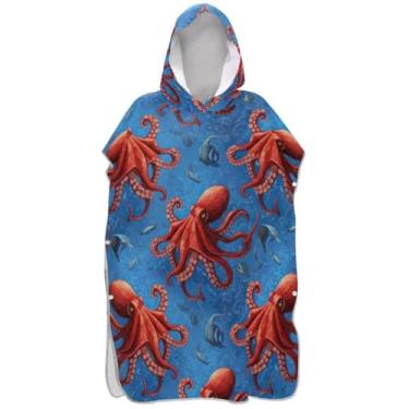 Imagem de Joisal Poncho de surfe para adultos trocador de roupa de praia com capuz toalha floral leve feminina ponchos com capuz vermelho tentáculos azul