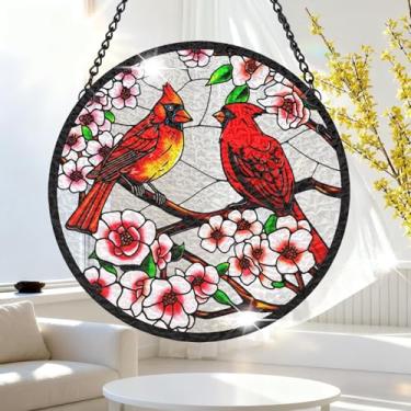 Imagem de 1 peça de decoração para pendurar apanhador de sol de acrílico colorido, cardeais com flores de cerejeira 18 cm, decoração de janela com design de vitral impresso, ideia de presente e ornamento de