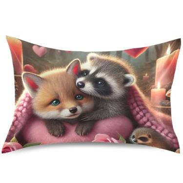 Imagem de Capa de almofada de cetim Fox Raccoon Cozy Love Night Graphic Cooling Pillow Cover Standard King Queen Capa de almofada de cama macia, tamanho padrão, 66 cm x 50 cm