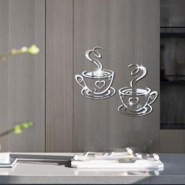 Imagem de 2 peças de adesivos de parede de xícara de café, espelho acrílico 3D, placas autoadesivas, decorativas, prateadas, removíveis, destacáveis e coladas, para casa, café, loja, estação, bar, pub