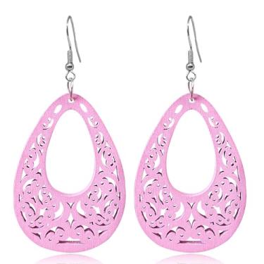 Imagem de RofYof Brincos femininos geométricos de madeira vazados naturais boêmios, Small, Madeira, Sem pedra preciosa