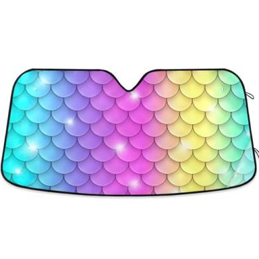 Imagem de Guarda-sol de carro personalizado em escala de sereia arco-íris para para-brisa bonito retrátil dobrável capa de para-brisa automotivo protetor solar L, 144,8 cm x 80 cm