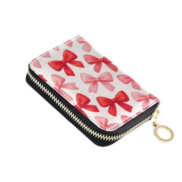 Imagem de Carteira feminina branca com laço vermelho rosa com zíper em torno de porta-cartões com bloqueio de RFID bolsa de moedas de couro com zíper