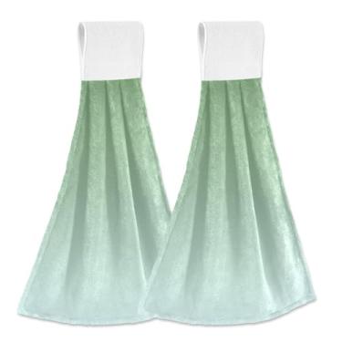 Imagem de Joitme Dinossauro verde claro ciano gradiente pendurado toalhas de mão com laço, pacote com 2 panos de prato de lã coral macio absorvente cozinha banheiro com fita mágica para pendurar facilmente