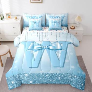 Imagem de Jogo de cama feminino com laço azul, 7 peças, tamanho casal, para crianças, adolescentes | Cama em bolsa com design de laço moderno e moderno, com lençóis, lindo laço azul, enchimento de edredom