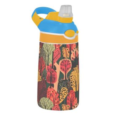 Imagem de Garrafa de água infantil colorida floresta vermelha floresta de outono para escola, 473 ml, 473 ml, garrafa de água esportiva Tritan com canudo, copo infantil portátil à prova de vazamento, alça de