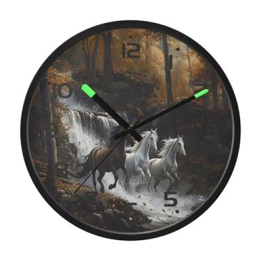 Imagem de SEHANY Relógio de parede artístico majestoso cavalos silencioso, sem tique-taque, relógio redondo operado por bateria, controle de som, luz noturna, relógios de parede para sala de estar, cozinha
