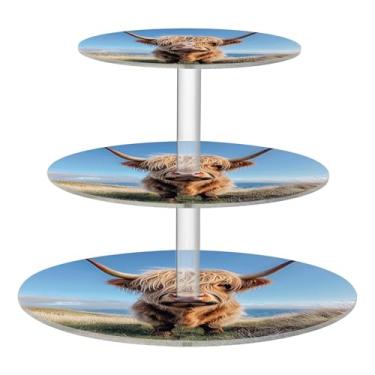 Imagem de Cute Highland Cow Scottish Countryside Tea Party Cupcake Stand 3 camadas acrílico display copo torre bolo sobremesa decoração cupcakes suporte comida graduação engraçado