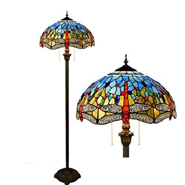 Imagem de Luminária de chão estilo Tiffany, 40,6 cm de largura x 162,6 cm de altura, 2 soquetes E27, cúpula de vitral com libélula, luminária de chão antiga para leitura, ideal para sala de estar, qua