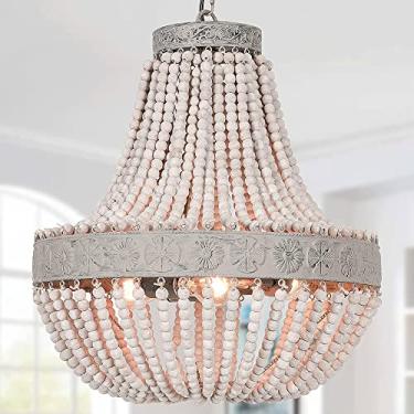 Imagem de Lustre de contas de madeira estilo boho, luminária pendente vintage antiga com contas, luminária de teto rústica para cozinha, quarto de bebê, hall de entrada e corredor.