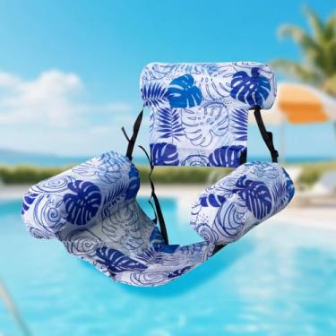 Imagem de Cadeira Flutuante Inflável para Adultos, Tecido Suave + Encosto Ajustável, Ideal para Praia, Lago, Rio e Festas na Piscina, Design de Folhagens Tropicais.