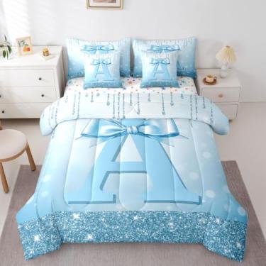 Imagem de Erosebridal Jogo de cama casal com laço azul fofo de 7 peças para meninas adolescentes | Conjunto de edredom com laço coquete moderno com letra inicial A e lençol com enchimento de edredom e laço fofo