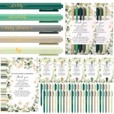 Imagem de Chuangdi Conjunto de 50 presentes de chá de bebê para convidados, lembrancinhas de festa de chá de bebê, canetas esferográficas retráteis com folhas de eucalipto, cartão de agradecimento de gênero