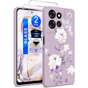 Imagem de Yucenx Capa para Motorola Moto G Power 5G 2026 com 2 protetores de tela de vidro temperado, capa para celular feminina floral fina de silicone líquido, à prova de choque, antiarranhões (roxa)