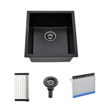Imagem de BoomHoze Pia de barra preta sob montagem, 33 x 33 cm, pia de cozinha de granito, pequena tigela única, bacia profunda com combo de escova de rodo de bancada