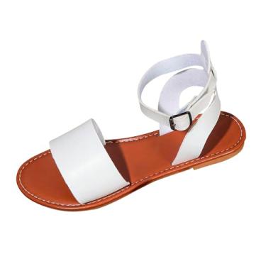 Imagem de Sandália feminina casual boêmia de salto baixo com bico redondo para uso diário, confortável e fácil de estilizar, Branco, 36