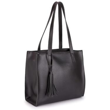 Imagem de Bolsa Tote Feminina em Couro Sintético, Alça Dupla, com Tassel Decorativo, Preta (preto)