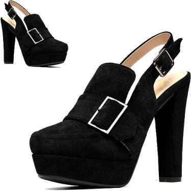 Imagem de SHODENSE Sapato feminino vintage plataforma salto alto grosso sapato redondo fechado plataforma mocassins tornozelo tira bloco salto slingback verão fivela sem costas mocassim senhoras sexy chique