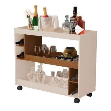 Imagem de Aparador Buffet Multiuso com Adega e Rodízio Cantinho do Café Sala Cozinha Recepção Decoração Retrô(Off White/Nature)