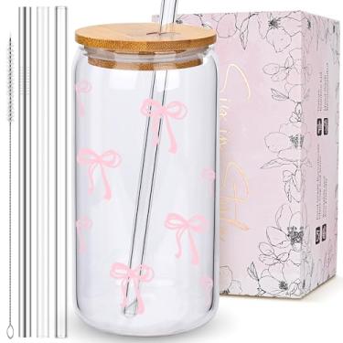 Imagem de 1 xícara de vidro Coquette com laço rosa fofo com tampas e canudos, xícara de café gelado estética, caneca de copo de design formal, presentes de aniversário e dia dos namorados e Natal para mulheres,