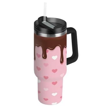 Imagem de Blueangle Copo de coração de chocolate ao leite de 1,134 g com alça e tampa de palha, caneca de viagem de aço inoxidável isolada a vácuo de parede dupla, garrafa de água reutilizável para academia de