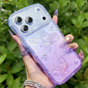 Imagem de QVLANG Capa com glitter para iPhone 17 Pro Max, design 3D de borboletas e pérolas com moldura ondulada, bordas revestidas de diamante e protetor de câmera integrado, linda capa de telefone brilhante