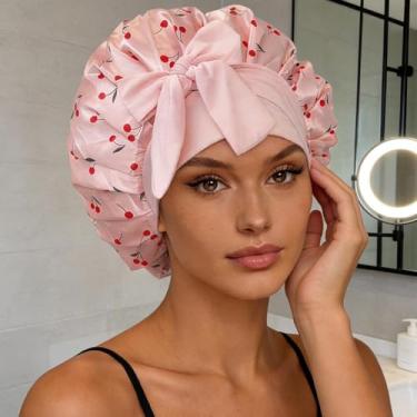 Imagem de Touca de dormir feminina de cetim de seda de tamanho grande impressão de arco impressão de laço de cetim touca de banho de borda elástica larga lenço de cabeça rosa, 44 cm