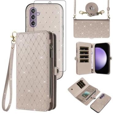 Imagem de Asuwish Capa de celular para Samsung Galaxy S23 FE 5G carteira com zíper destacável com protetor de tela de vidro temperado alça transversal com glitter flip compartimento para cartão S 23 EF S23FE