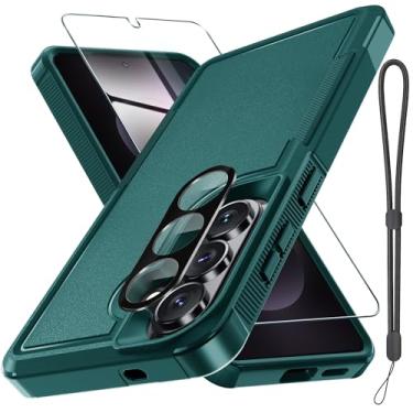 Imagem de Capa para Samsung Galaxy S26+ Plus com protetor de tela + capa de lente de câmera, capa de telefone resistente à prova de choque de grau militar com alça de pulso para Samsung S26Plus, verde escuro