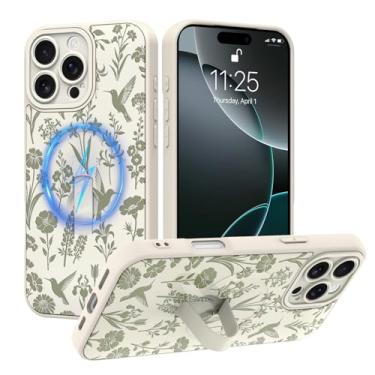 Imagem de PIGLULOO Capa para iPhone 16 Pro Max com suporte de alça de dedo, compatível com Magsafe, estampa de flor de pássaro fofo para mulheres e meninas, design floral estético, proteção total da câmera, à